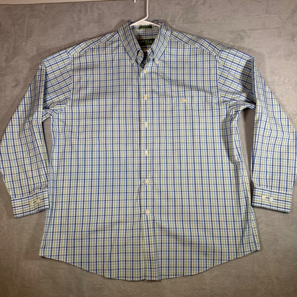 Orvis Mens XL Blue Green Plaid Cotton Button Down Long Sleeve Shirt PO65-8489